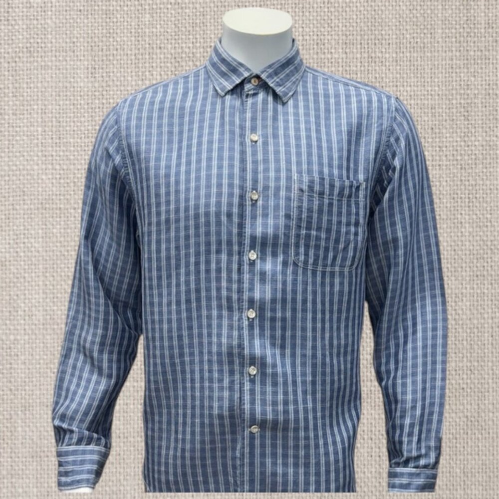 Tommy Bahamas Blue White Plaid Linen Men's Long Sleeve Dress Shirt Size Medium
